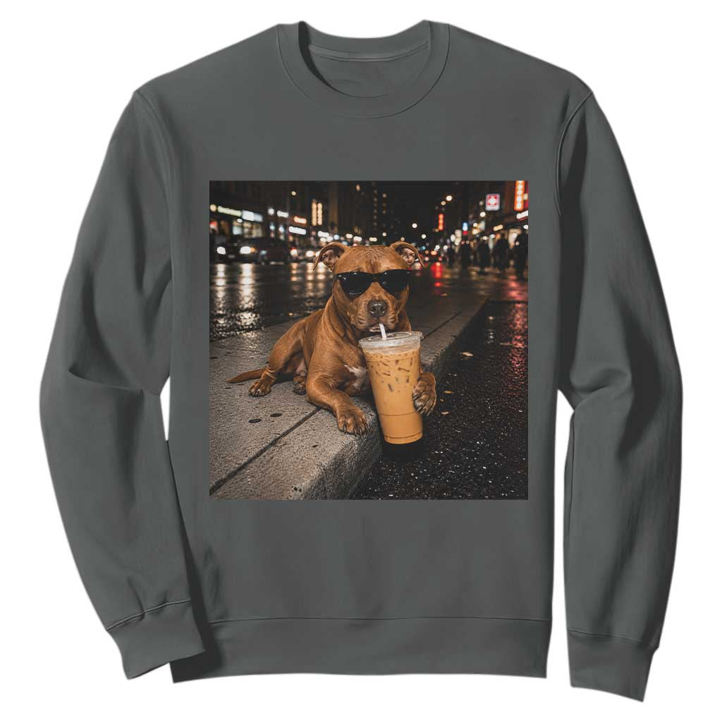 Funny Pitbull Drinking Iced Coffee Sweatshirt Vintage Pittie Dog Lovers Meme TS10 Dark Heather Print Your Wear