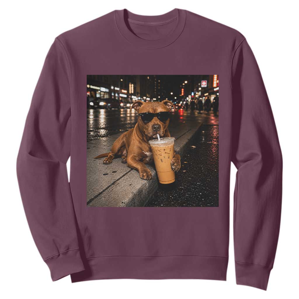 Funny Pitbull Drinking Iced Coffee Sweatshirt Vintage Pittie Dog Lovers Meme TS10 Maroon Print Your Wear