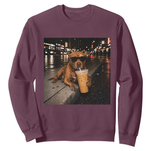 Funny Pitbull Drinking Iced Coffee Sweatshirt Vintage Pittie Dog Lovers Meme TS10 Maroon Print Your Wear