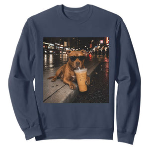 Funny Pitbull Drinking Iced Coffee Sweatshirt Vintage Pittie Dog Lovers Meme TS10 Navy Print Your Wear
