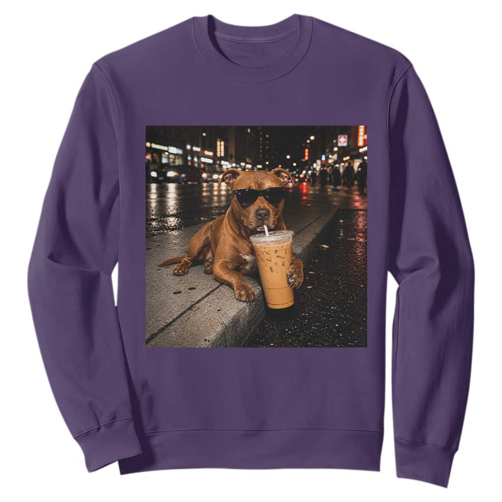 Funny Pitbull Drinking Iced Coffee Sweatshirt Vintage Pittie Dog Lovers Meme TS10 Purple Print Your Wear