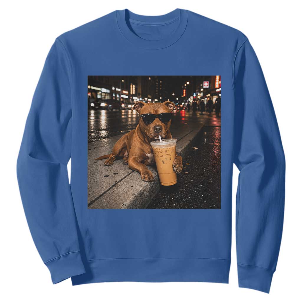 Funny Pitbull Drinking Iced Coffee Sweatshirt Vintage Pittie Dog Lovers Meme TS10 Royal Blue Print Your Wear