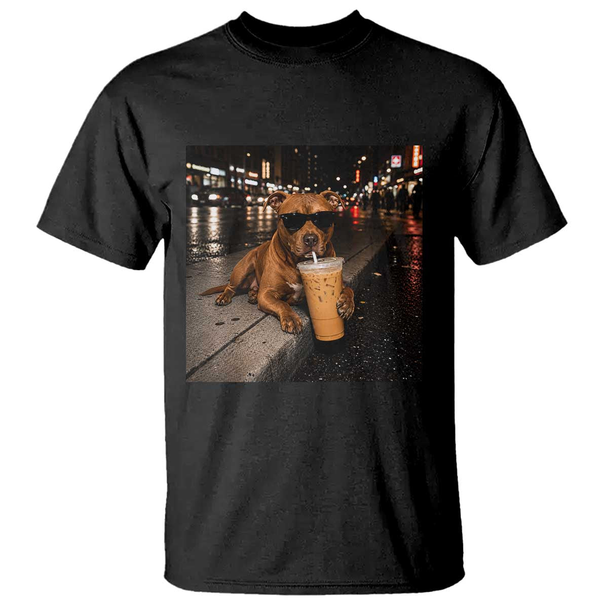 Funny Pitbull Drinking Iced Coffee T Shirt Vintage Pittie Dog Lovers Meme TS10 Black Print Your Wear