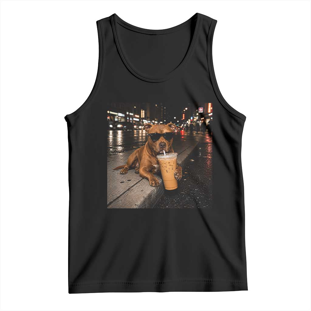 Funny Pitbull Drinking Iced Coffee Tank Top Vintage Pittie Dog Lovers Meme TS10 Black Print Your Wear