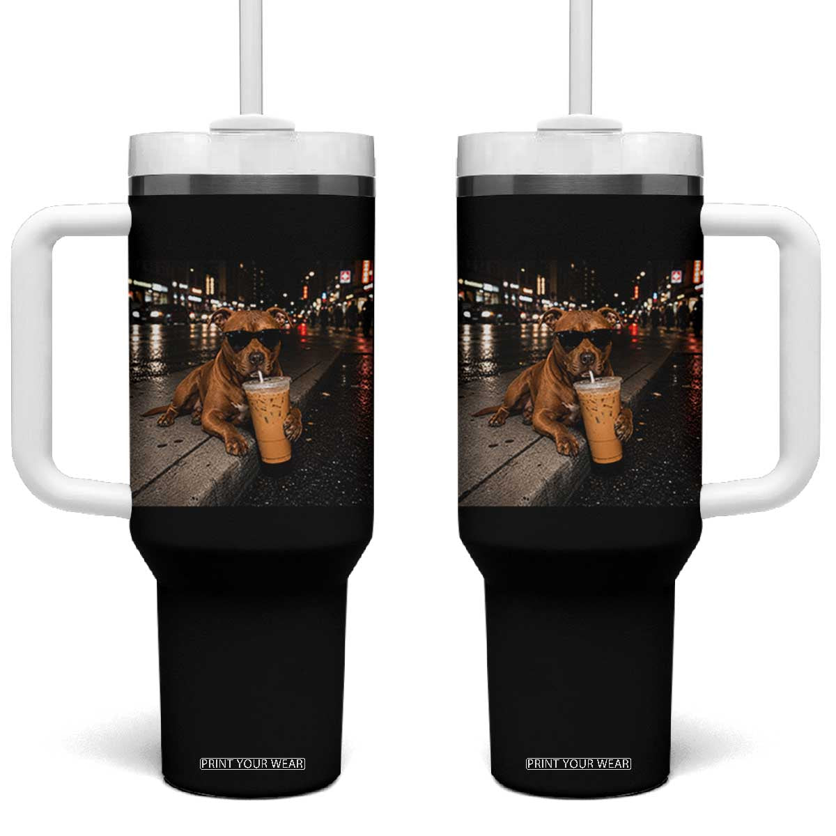 Funny Pitbull Drinking Iced Coffee Tumbler With Handle Vintage Pittie Dog Lovers Meme TS10 One Size: 40 oz Black Print Your Wear