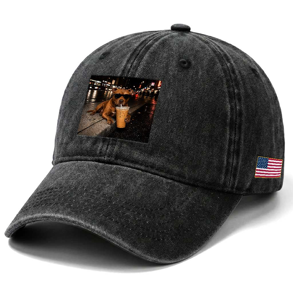Funny Pitbull Drinking Iced Coffee Washed Cotton Baseball Cap Vintage Pittie Dog Lovers Meme TS10 Print Your Wear