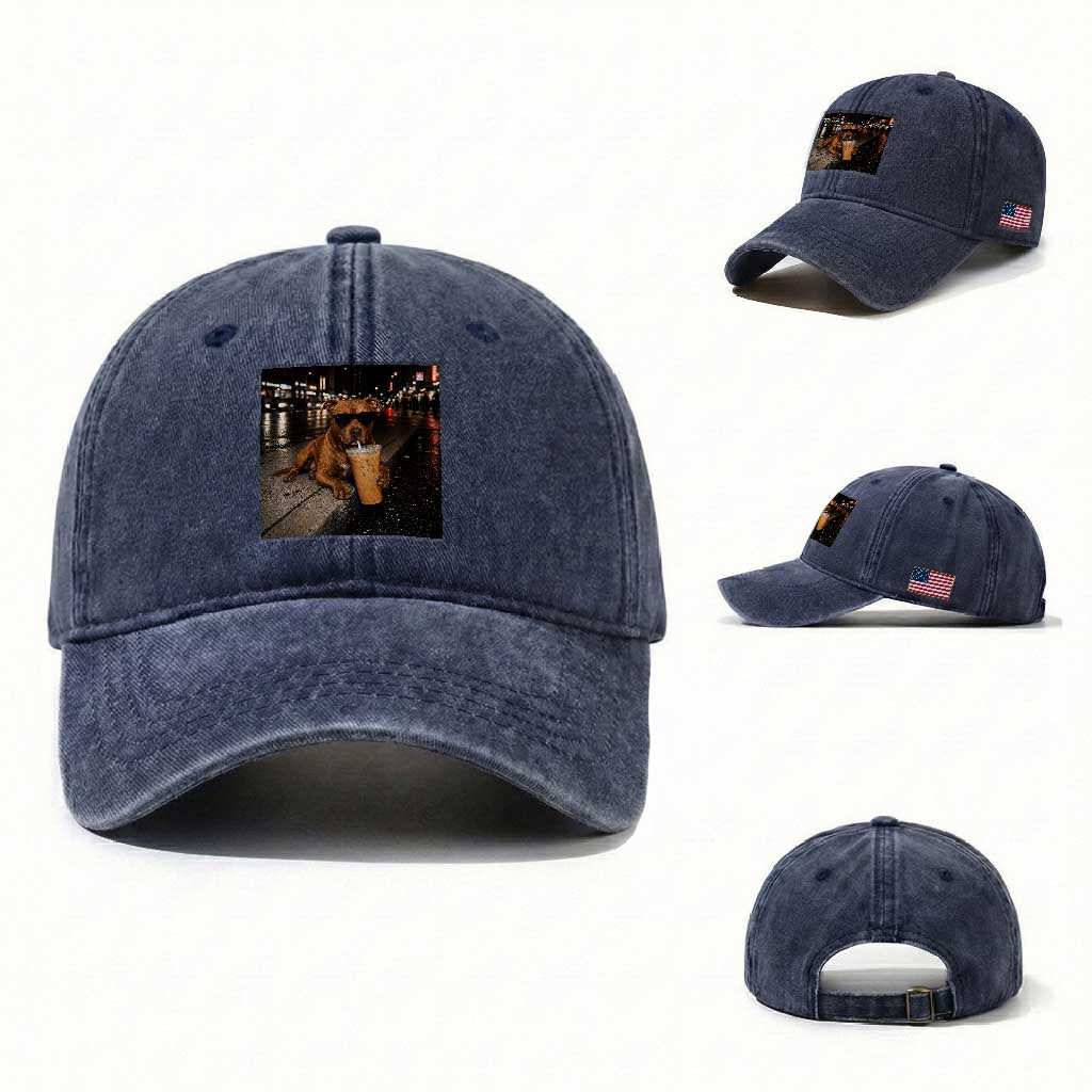 Funny Pitbull Drinking Iced Coffee Washed Cotton Baseball Cap Vintage Pittie Dog Lovers Meme TS10 Washed Cap Universal Fit Navy Print Your Wear