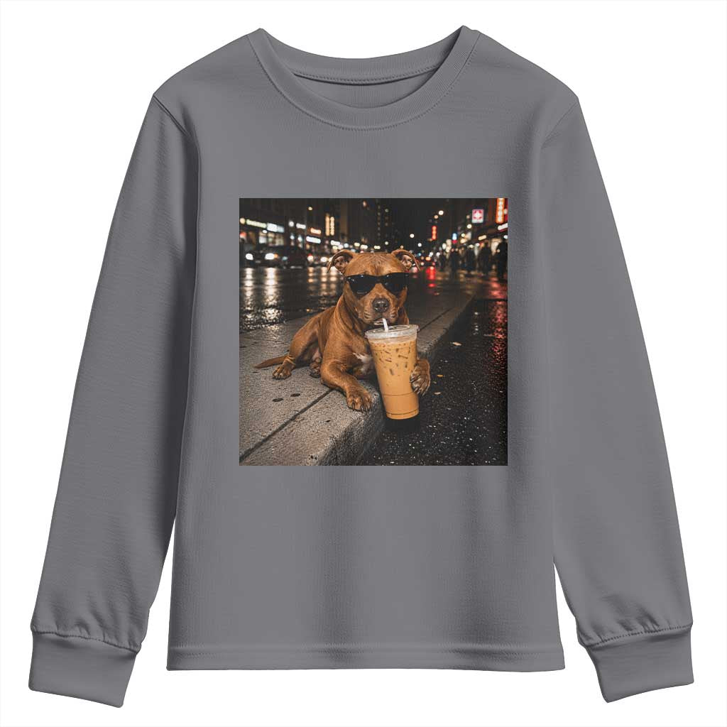Funny Pitbull Drinking Iced Coffee Youth Sweatshirt Vintage Pittie Dog Lovers Meme TS10 Charcoal Print Your Wear
