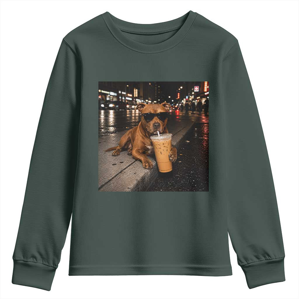 Funny Pitbull Drinking Iced Coffee Youth Sweatshirt Vintage Pittie Dog Lovers Meme TS10 Dark Forest Green Print Your Wear