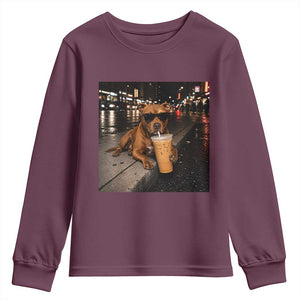 Funny Pitbull Drinking Iced Coffee Youth Sweatshirt Vintage Pittie Dog Lovers Meme TS10 Maroon Print Your Wear