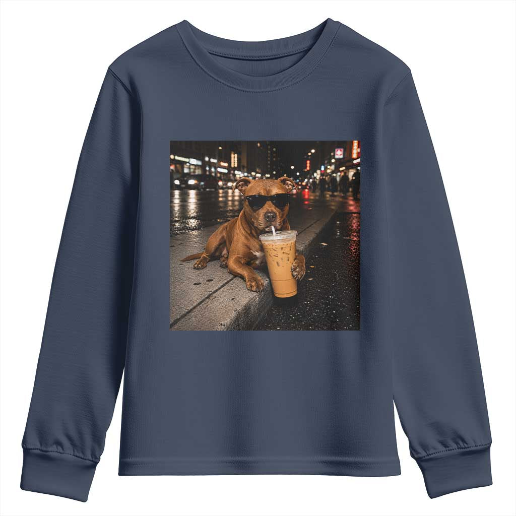 Funny Pitbull Drinking Iced Coffee Youth Sweatshirt Vintage Pittie Dog Lovers Meme TS10 Navy Print Your Wear
