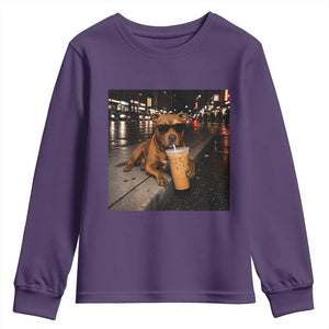 Funny Pitbull Drinking Iced Coffee Youth Sweatshirt Vintage Pittie Dog Lovers Meme TS10 Purple Print Your Wear