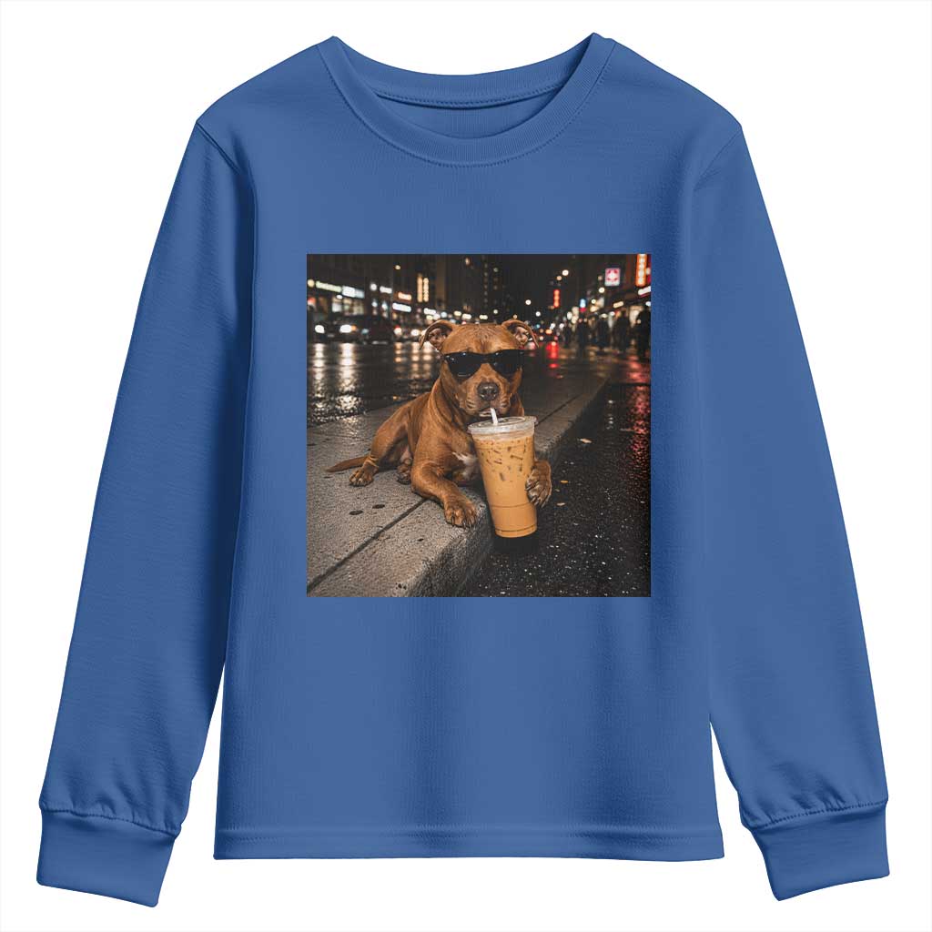 Funny Pitbull Drinking Iced Coffee Youth Sweatshirt Vintage Pittie Dog Lovers Meme TS10 Royal Blue Print Your Wear