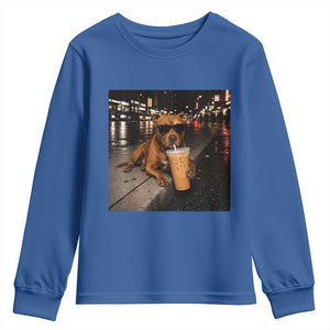 Funny Pitbull Drinking Iced Coffee Youth Sweatshirt Vintage Pittie Dog Lovers Meme TS10 Royal Blue Print Your Wear