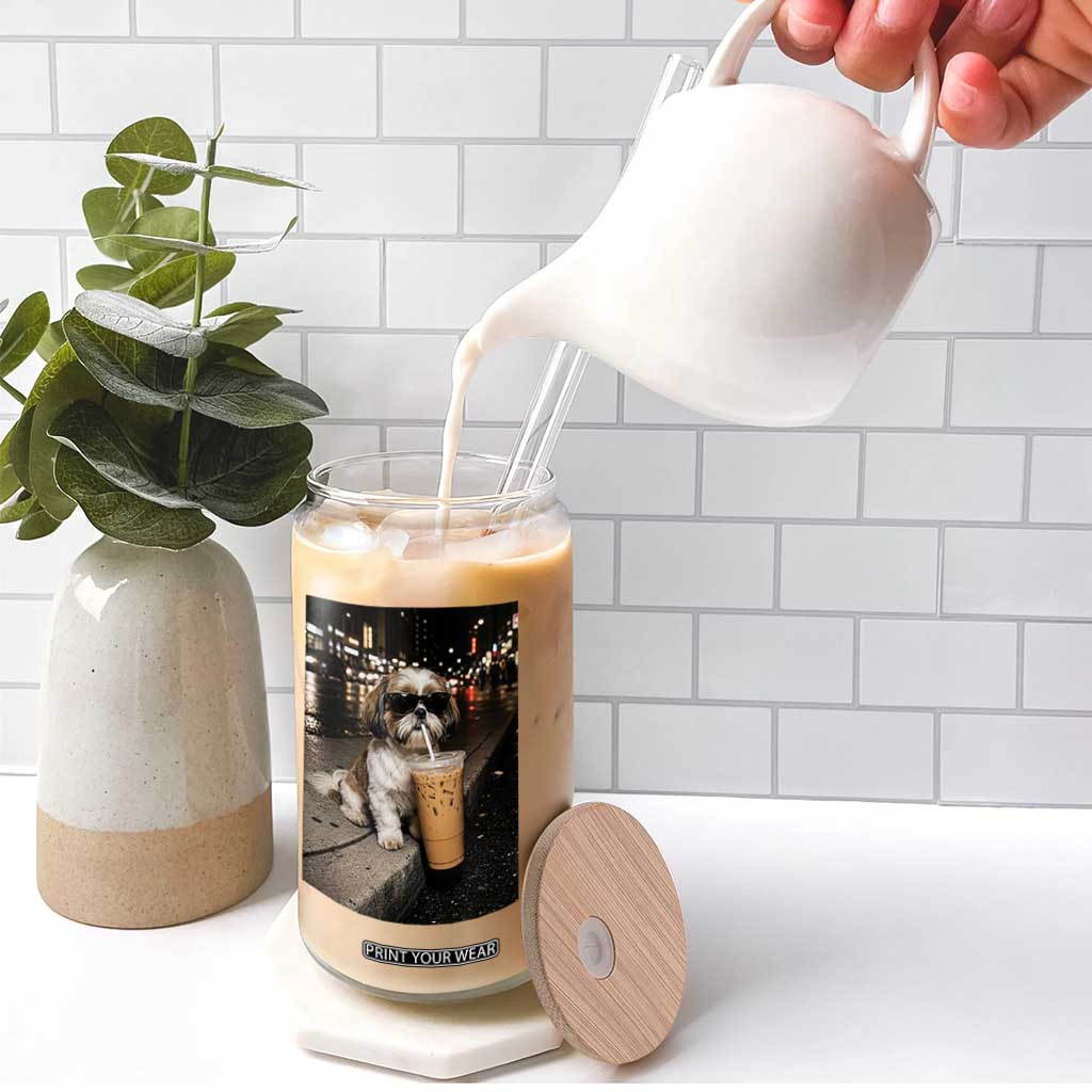 Funny Shih Tzu Drinking Iced Coffee Glass Can Vintage Dog Lover TS10 Print Your Wear
