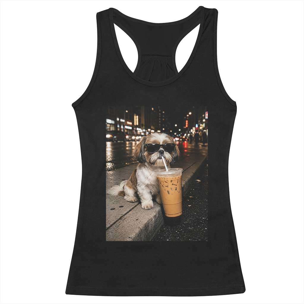 Funny Shih Tzu Drinking Iced Coffee Racerback Tank Top Vintage Dog Lover TS10 Black Print Your Wear