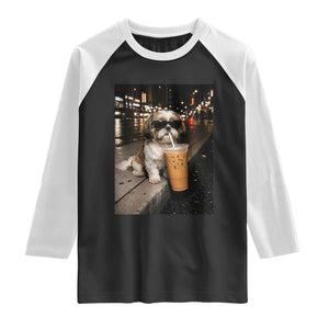 Funny Shih Tzu Drinking Iced Coffee Raglan Shirt Vintage Dog Lover TS10 Black White Print Your Wear