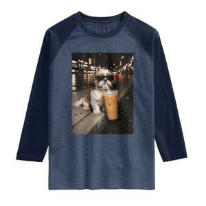 Funny Shih Tzu Drinking Iced Coffee Raglan Shirt Vintage Dog Lover TS10 Heather Denim Navy Print Your Wear