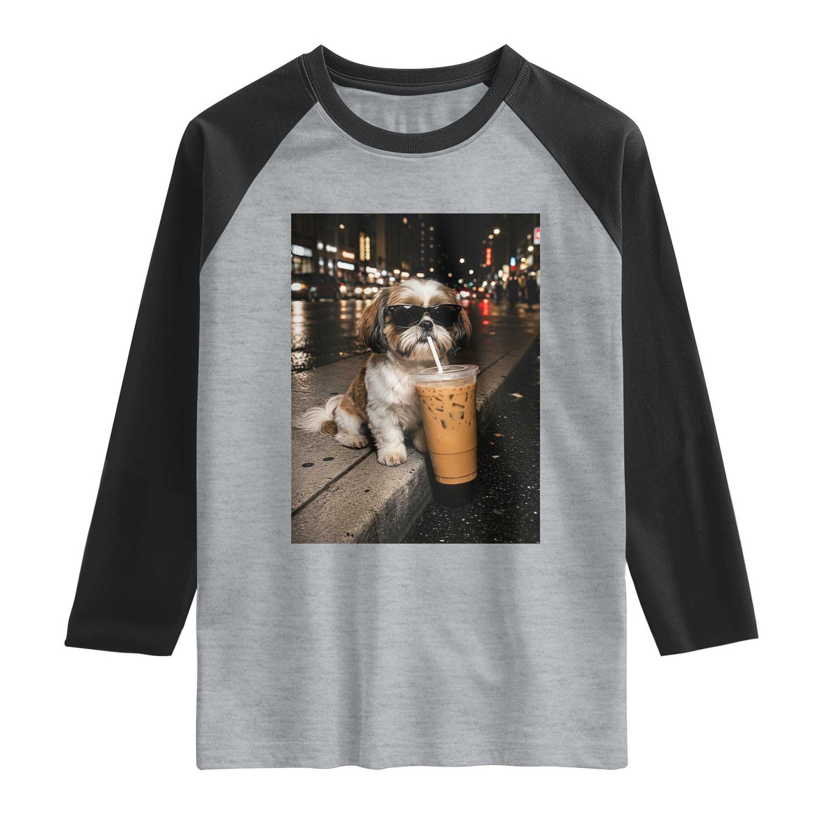 Funny Shih Tzu Drinking Iced Coffee Raglan Shirt Vintage Dog Lover TS10 Heather Gray Black Print Your Wear