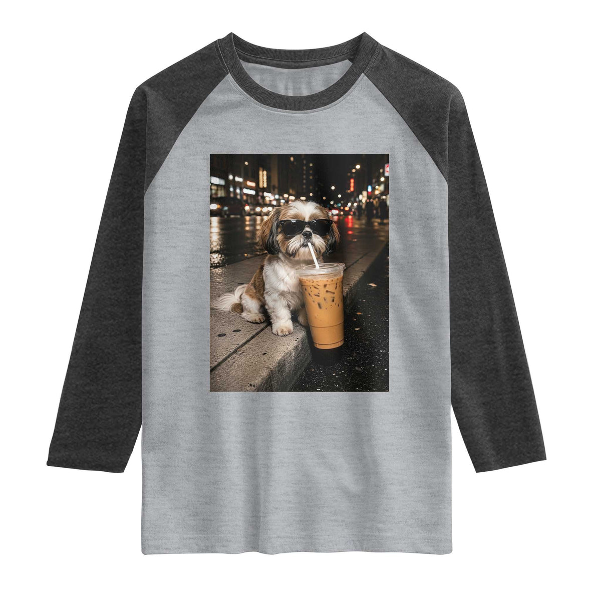 Funny Shih Tzu Drinking Iced Coffee Raglan Shirt Vintage Dog Lover TS10 Heather Gray Heather Charcoal Print Your Wear