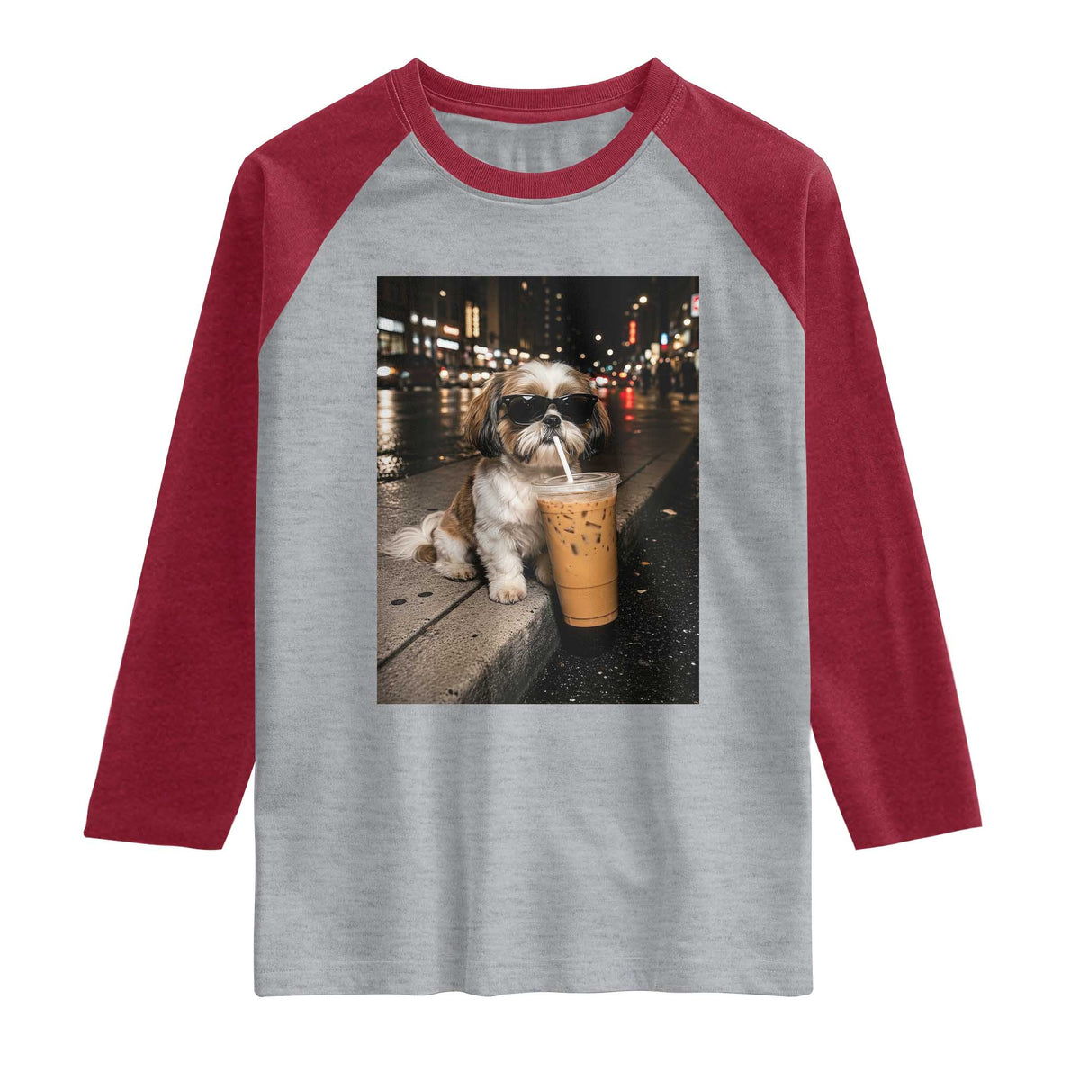 Funny Shih Tzu Drinking Iced Coffee Raglan Shirt Vintage Dog Lover TS10 Heather Gray Heather Red Print Your Wear