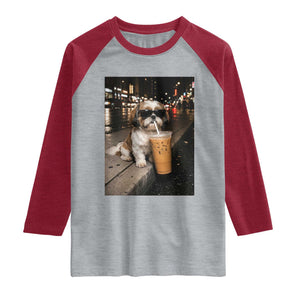 Funny Shih Tzu Drinking Iced Coffee Raglan Shirt Vintage Dog Lover TS10 Heather Gray Heather Red Print Your Wear