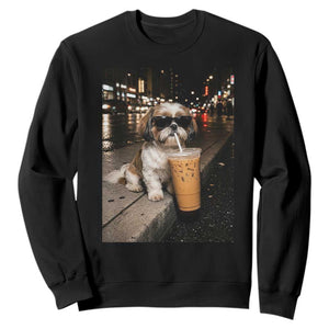 Funny Shih Tzu Drinking Iced Coffee Sweatshirt Vintage Dog Lover TS10 Black Print Your Wear