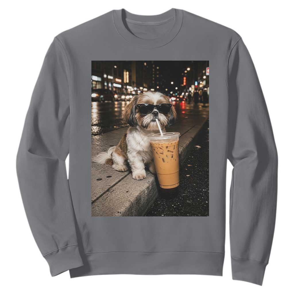 Funny Shih Tzu Drinking Iced Coffee Sweatshirt Vintage Dog Lover TS10 Charcoal Print Your Wear