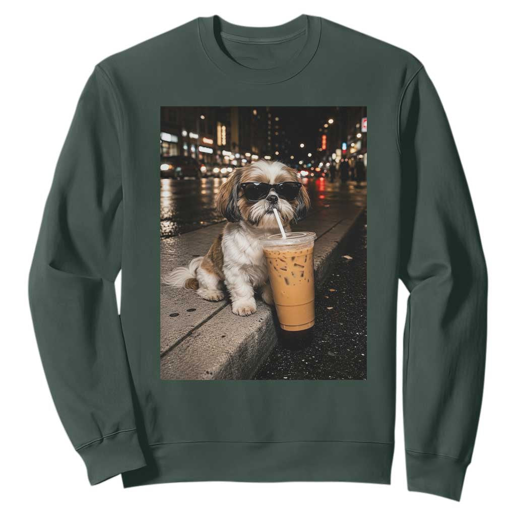 Funny Shih Tzu Drinking Iced Coffee Sweatshirt Vintage Dog Lover TS10 Dark Forest Green Print Your Wear