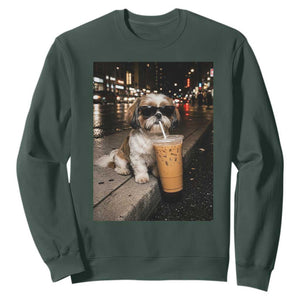 Funny Shih Tzu Drinking Iced Coffee Sweatshirt Vintage Dog Lover TS10 Dark Forest Green Print Your Wear