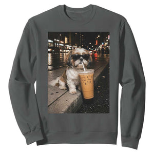 Funny Shih Tzu Drinking Iced Coffee Sweatshirt Vintage Dog Lover TS10 Dark Heather Print Your Wear