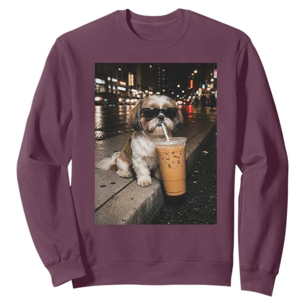 Funny Shih Tzu Drinking Iced Coffee Sweatshirt Vintage Dog Lover TS10 Maroon Print Your Wear