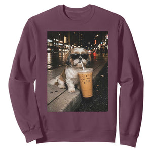 Funny Shih Tzu Drinking Iced Coffee Sweatshirt Vintage Dog Lover TS10 Maroon Print Your Wear