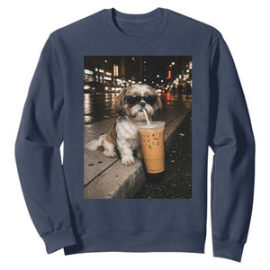 Funny Shih Tzu Drinking Iced Coffee Sweatshirt Vintage Dog Lover TS10 Navy Print Your Wear