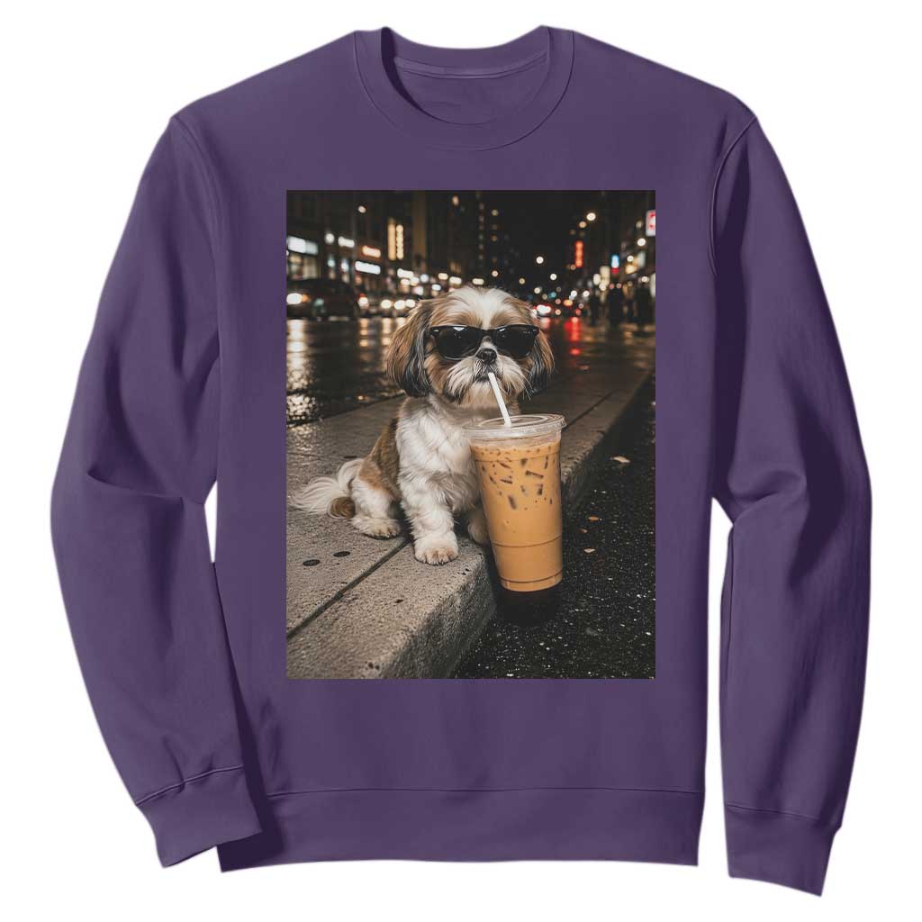 Funny Shih Tzu Drinking Iced Coffee Sweatshirt Vintage Dog Lover TS10 Purple Print Your Wear
