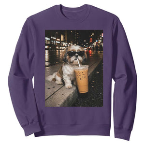 Funny Shih Tzu Drinking Iced Coffee Sweatshirt Vintage Dog Lover TS10 Purple Print Your Wear