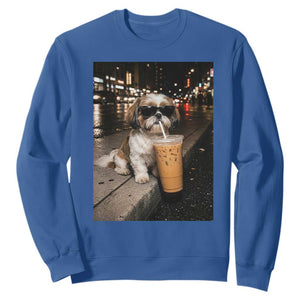 Funny Shih Tzu Drinking Iced Coffee Sweatshirt Vintage Dog Lover TS10 Royal Blue Print Your Wear