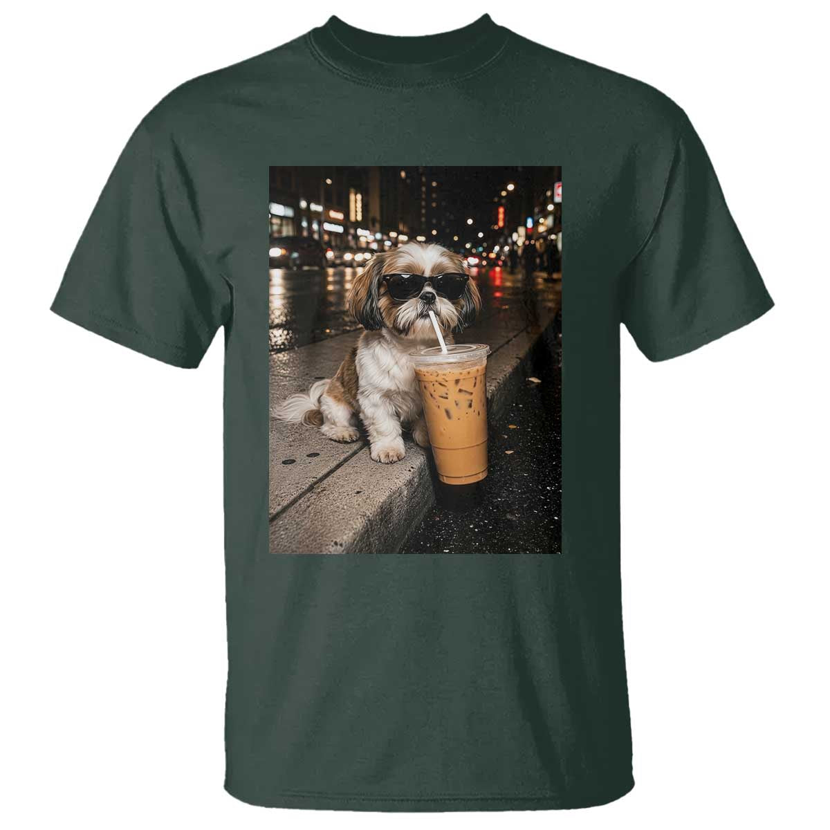 Funny Shih Tzu Drinking Iced Coffee T Shirt Vintage Dog Lover TS10 Dark Forest Green Print Your Wear
