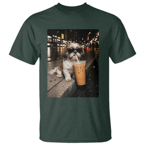 Funny Shih Tzu Drinking Iced Coffee T Shirt Vintage Dog Lover TS10 Dark Forest Green Print Your Wear