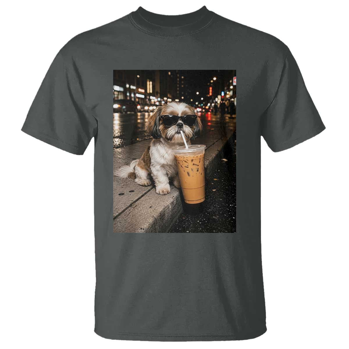 Funny Shih Tzu Drinking Iced Coffee T Shirt Vintage Dog Lover TS10 Dark Heather Print Your Wear