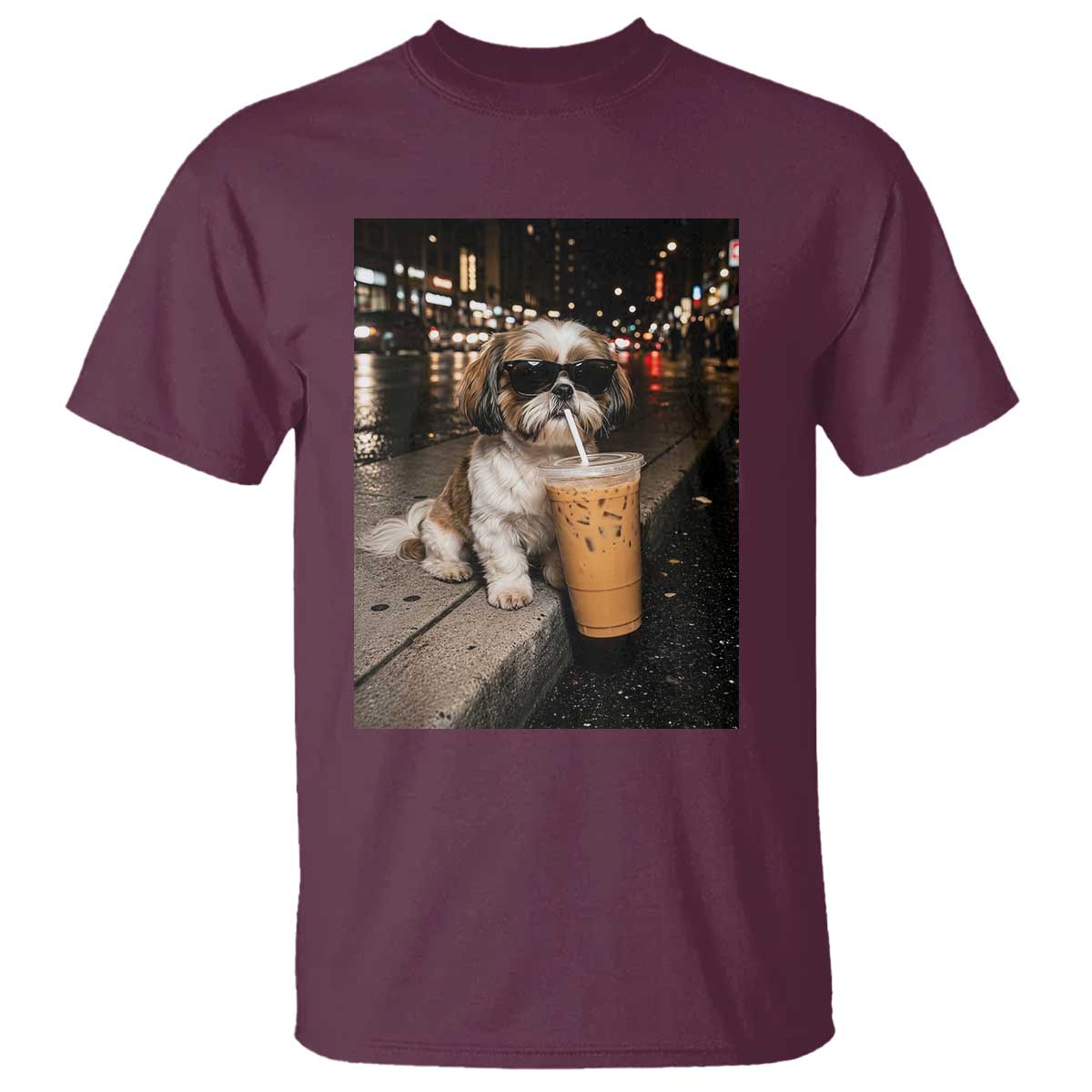 Funny Shih Tzu Drinking Iced Coffee T Shirt Vintage Dog Lover TS10 Maroon Print Your Wear