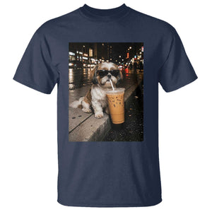 Funny Shih Tzu Drinking Iced Coffee T Shirt Vintage Dog Lover TS10 Navy Print Your Wear