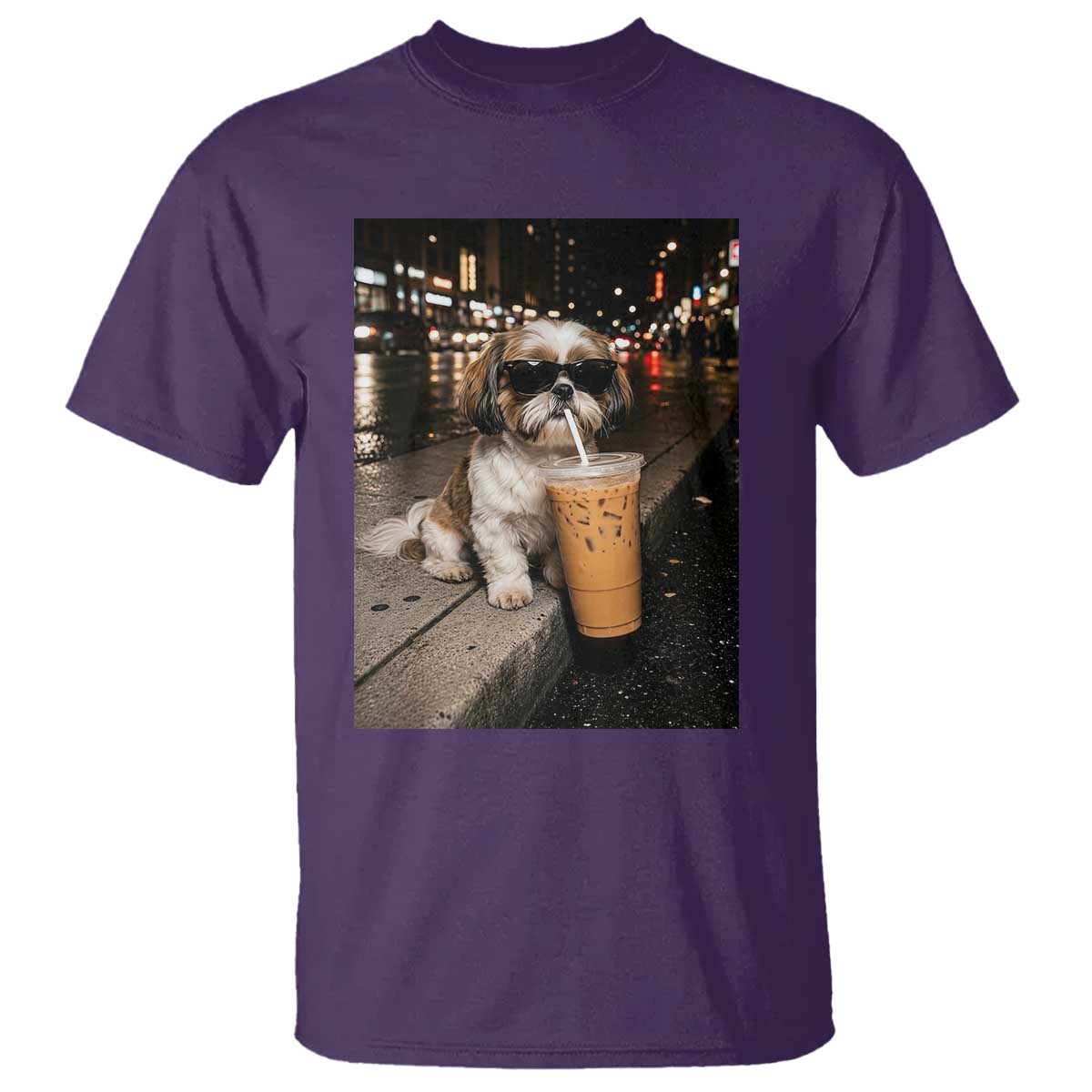 Funny Shih Tzu Drinking Iced Coffee T Shirt Vintage Dog Lover TS10 Purple Print Your Wear