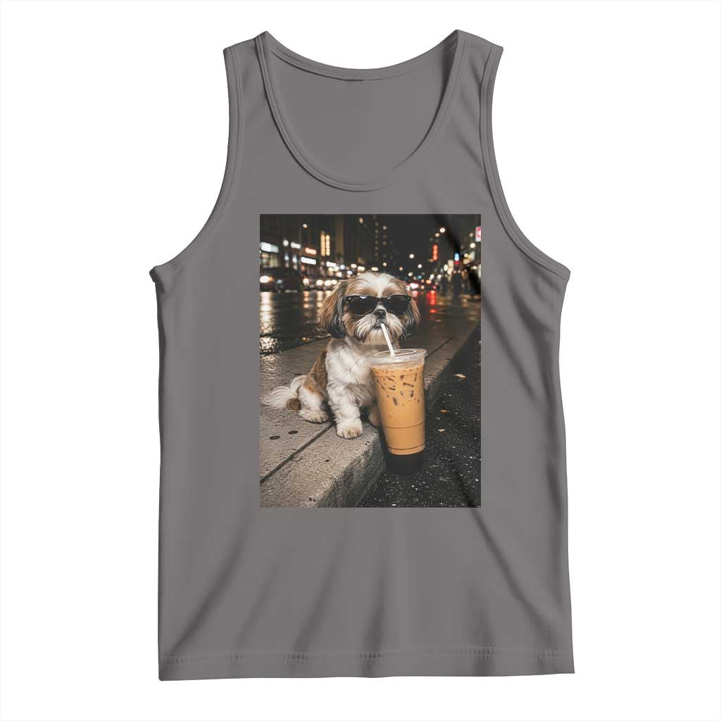 Funny Shih Tzu Drinking Iced Coffee Tank Top Vintage Dog Lover TS10 Deep Heather Print Your Wear