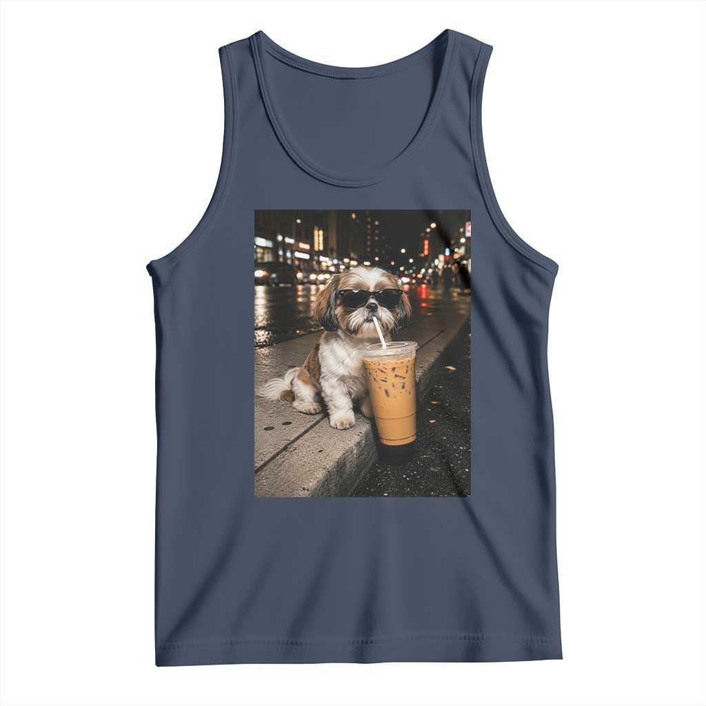 Funny Shih Tzu Drinking Iced Coffee Tank Top Vintage Dog Lover TS10 Navy Print Your Wear