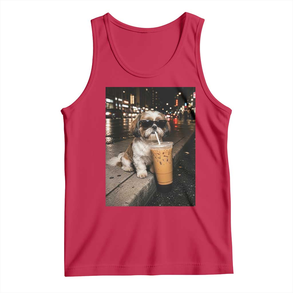Funny Shih Tzu Drinking Iced Coffee Tank Top Vintage Dog Lover TS10 Red Print Your Wear