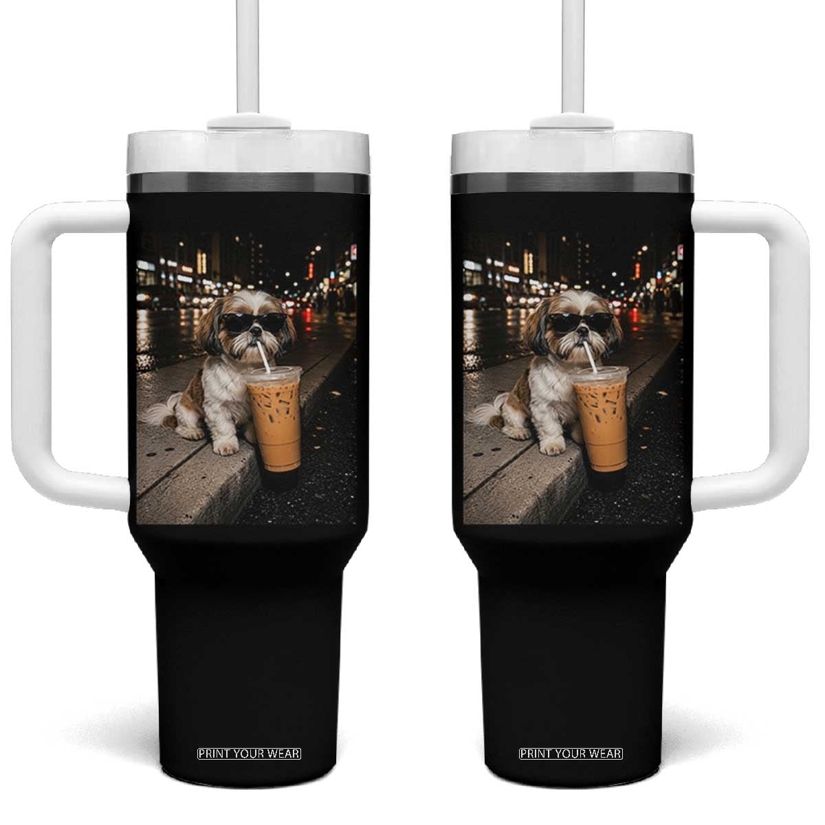 Funny Shih Tzu Drinking Iced Coffee Tumbler With Handle Vintage Dog Lover TS10 One Size: 40 oz Black Print Your Wear