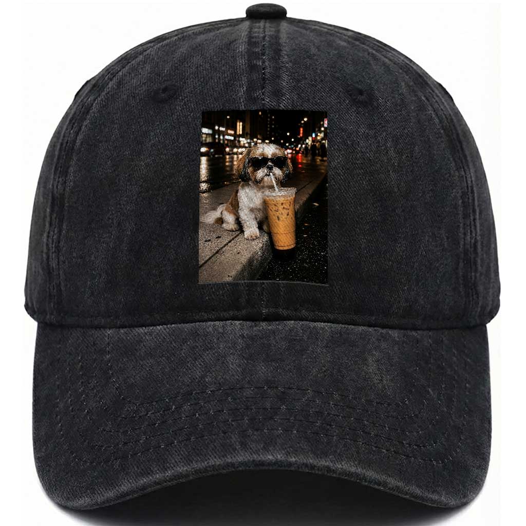 Funny Shih Tzu Drinking Iced Coffee Washed Cotton Baseball Cap Vintage Dog Lover TS10 Print Your Wear