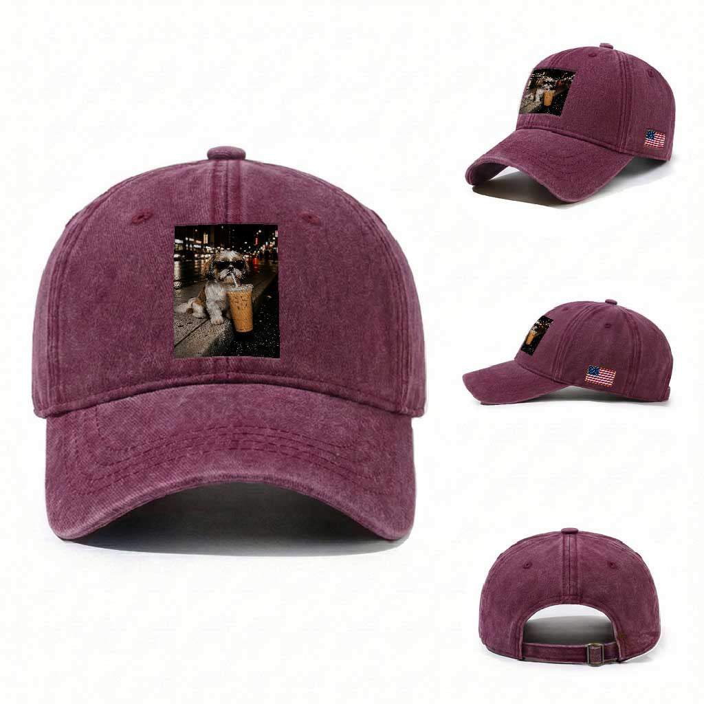 Funny Shih Tzu Drinking Iced Coffee Washed Cotton Baseball Cap Vintage Dog Lover TS10 Washed Cap Universal Fit Burgundy Print Your Wear