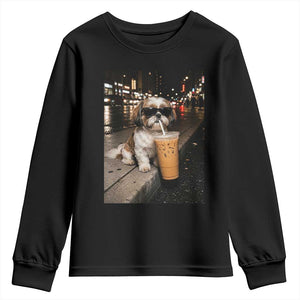 Funny Shih Tzu Drinking Iced Coffee Youth Sweatshirt Vintage Dog Lover TS10 Black Print Your Wear